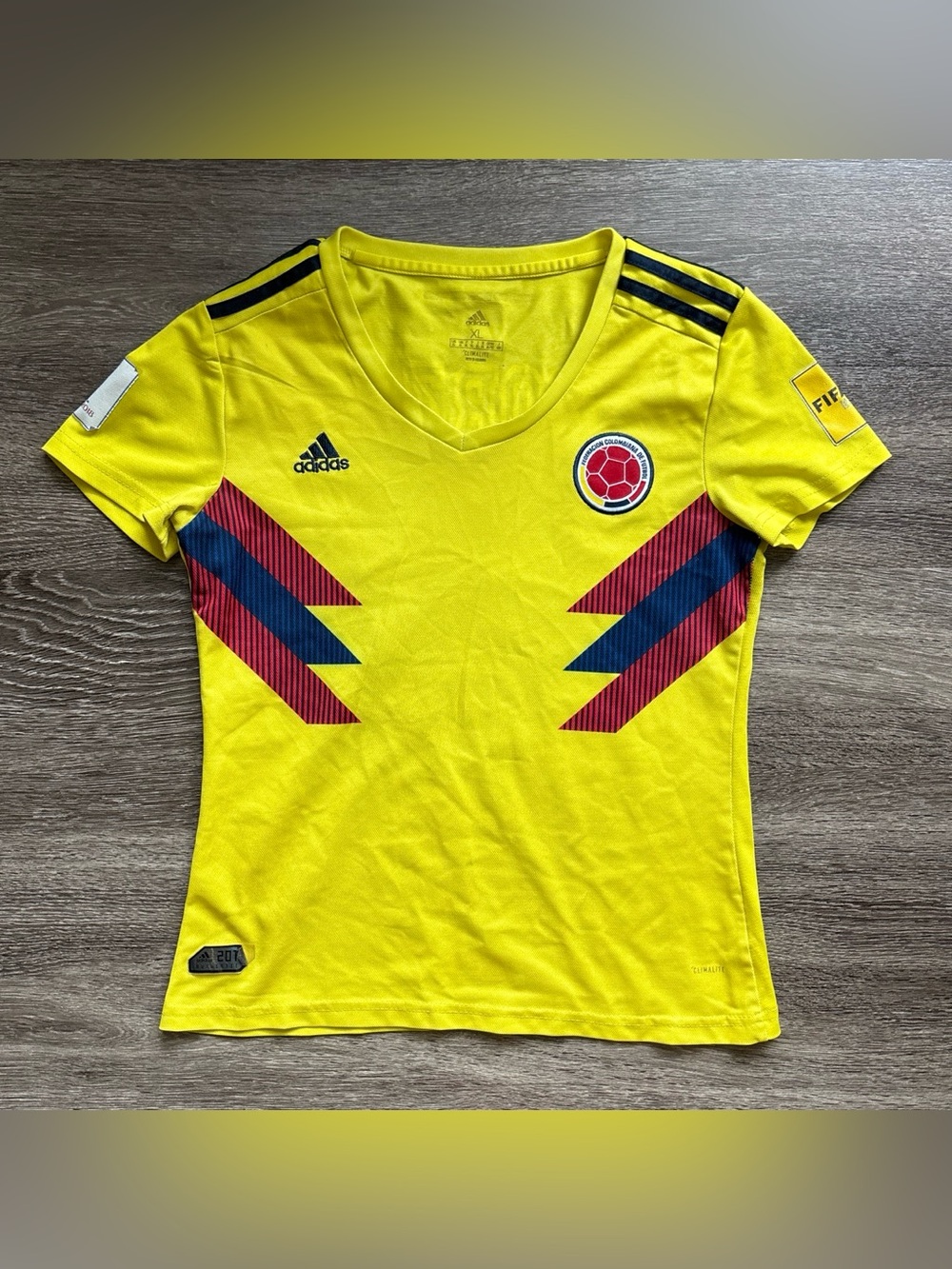 adidas Women's Colombia Yellow Soccer Jersey with Red & Navy Accents